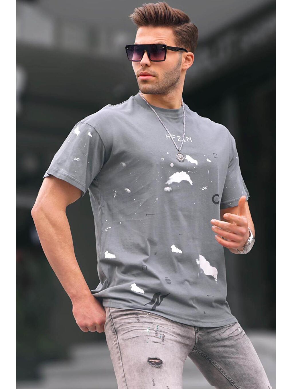 Gri Bisiklet Yaka Regular Fit Füme Desenli Erkek Tişört 6115