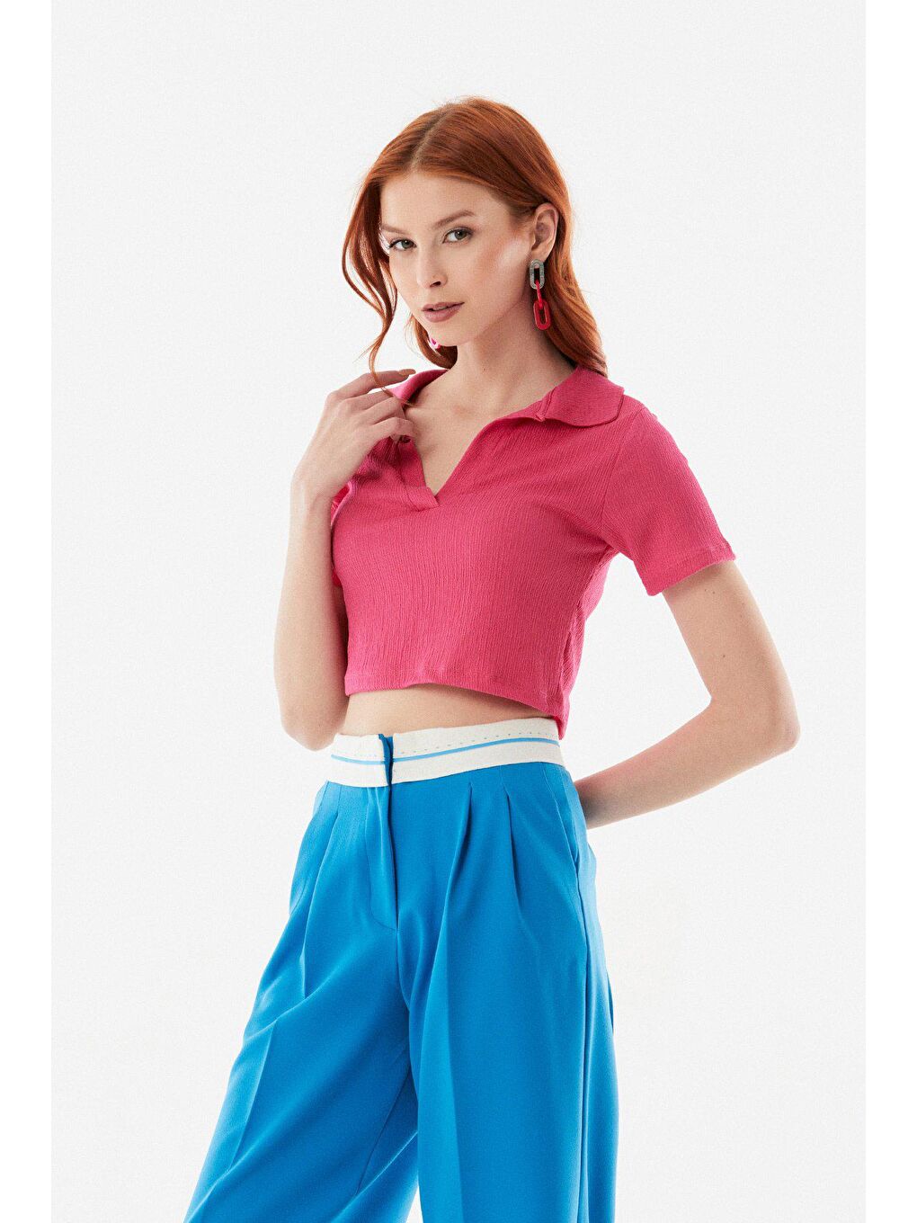 Fuşya Bürümcük Kumaş Polo Yaka Crop Bluz