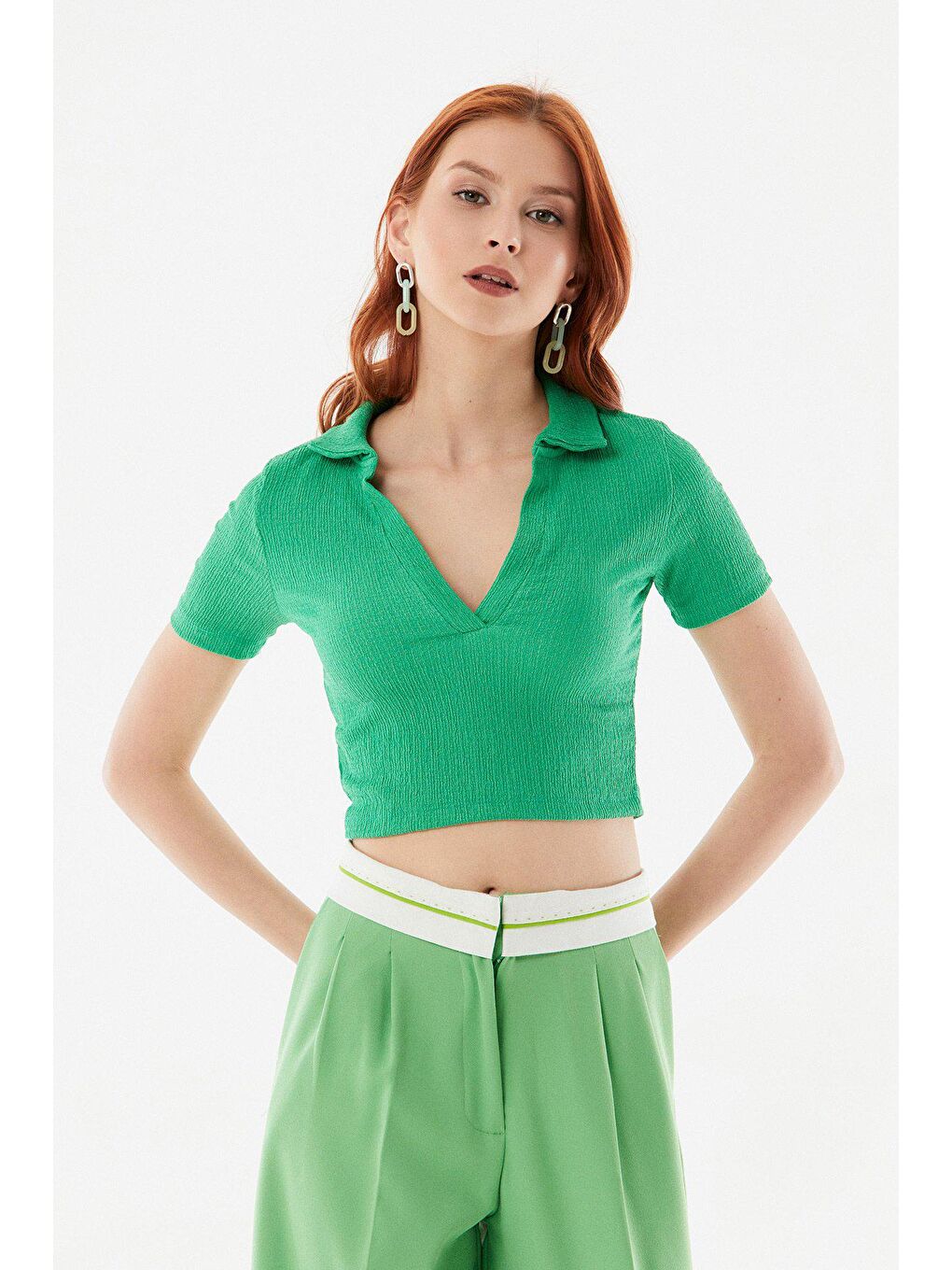 Yeşil Bürümcük Kumaş Polo Yaka Crop Bluz-1