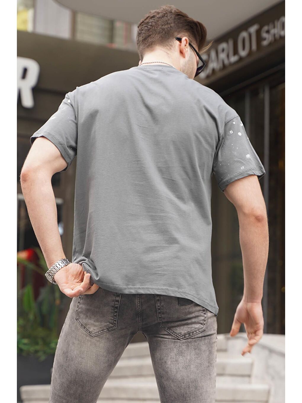 Gri Bisiklet Yaka Regular Fit Füme Desenli Erkek Tişört 6115-1