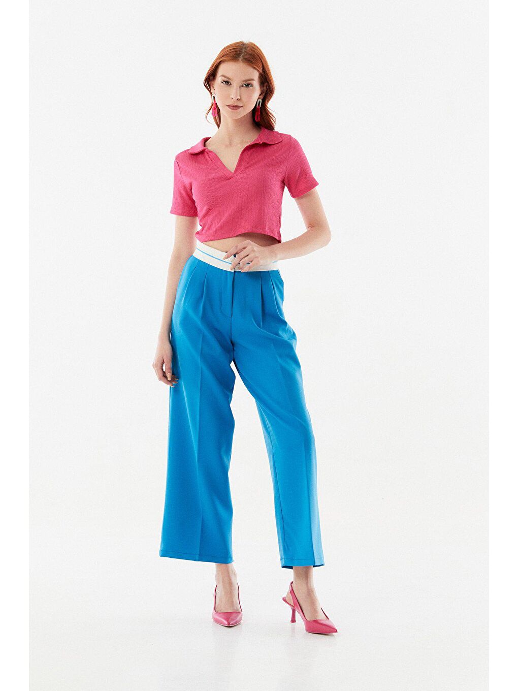 Fuşya Bürümcük Kumaş Polo Yaka Crop Bluz-1