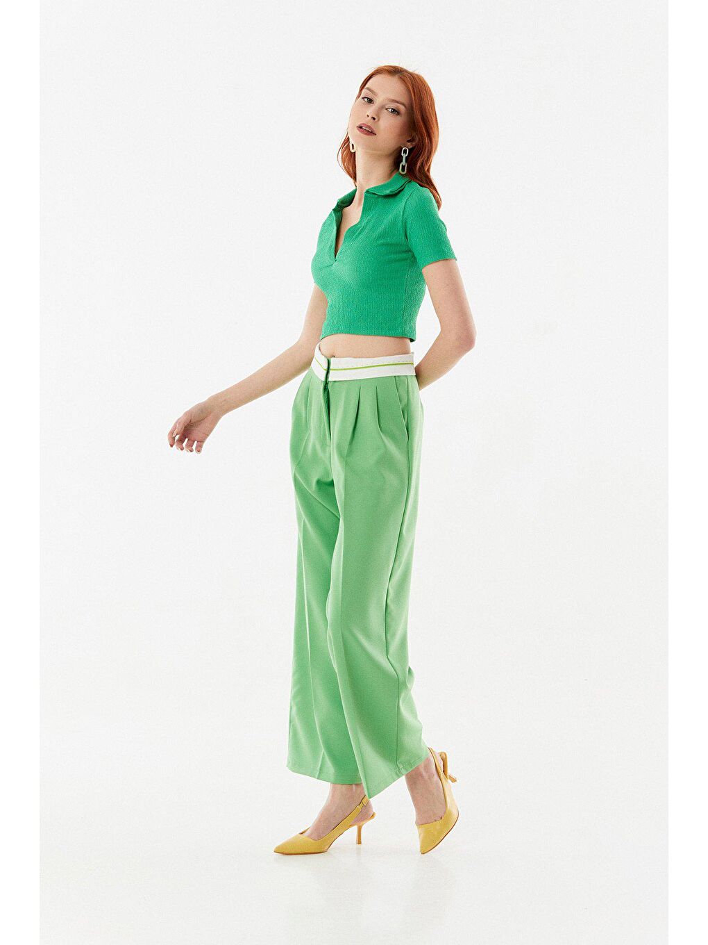 Yeşil Bürümcük Kumaş Polo Yaka Crop Bluz-2