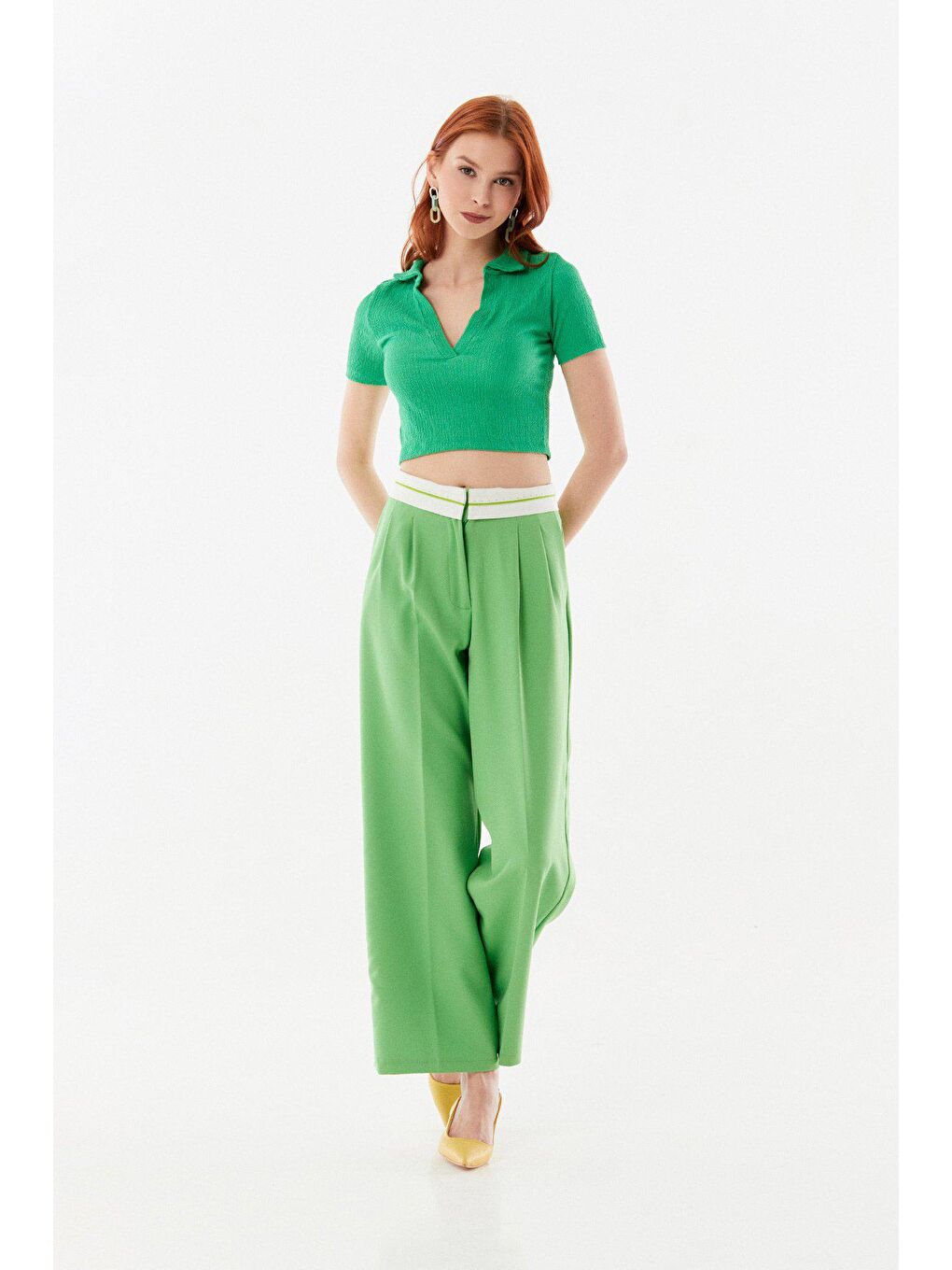 Yeşil Bürümcük Kumaş Polo Yaka Crop Bluz-3
