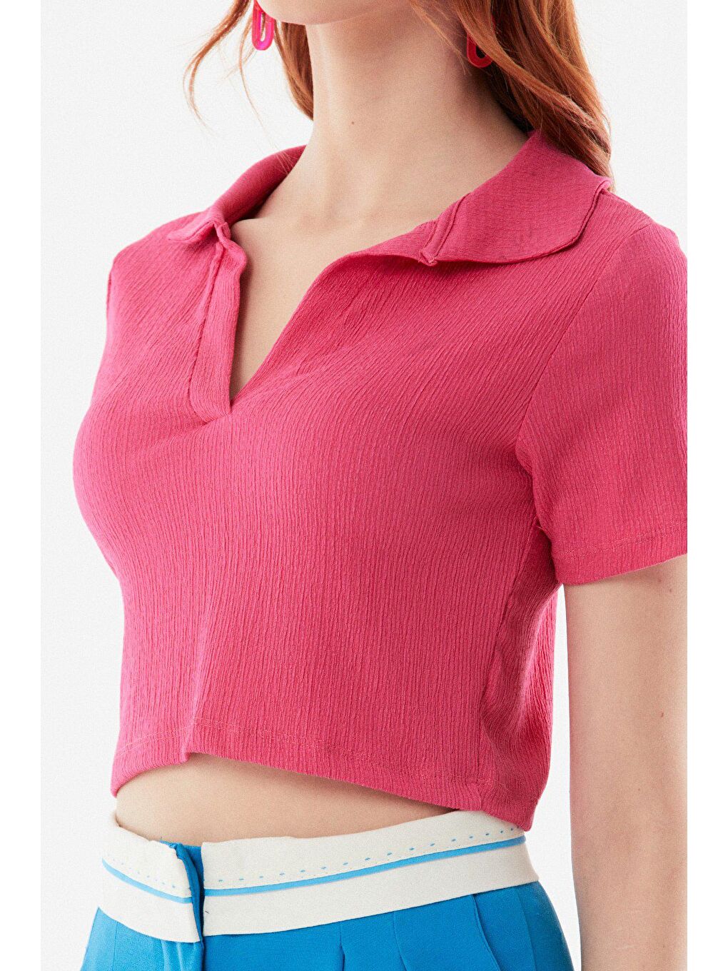 Fuşya Bürümcük Kumaş Polo Yaka Crop Bluz-3