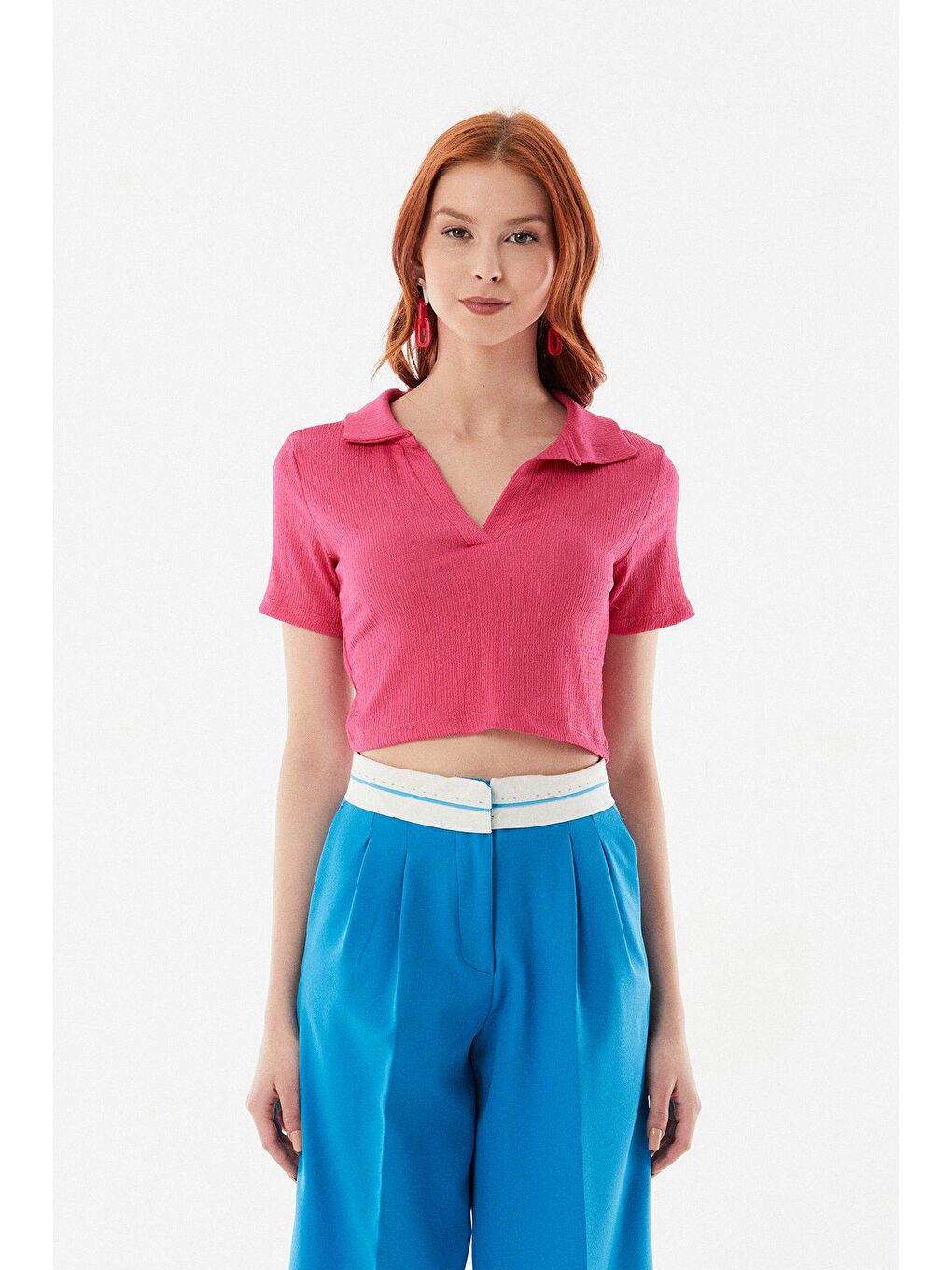 Fuşya Bürümcük Kumaş Polo Yaka Crop Bluz-4