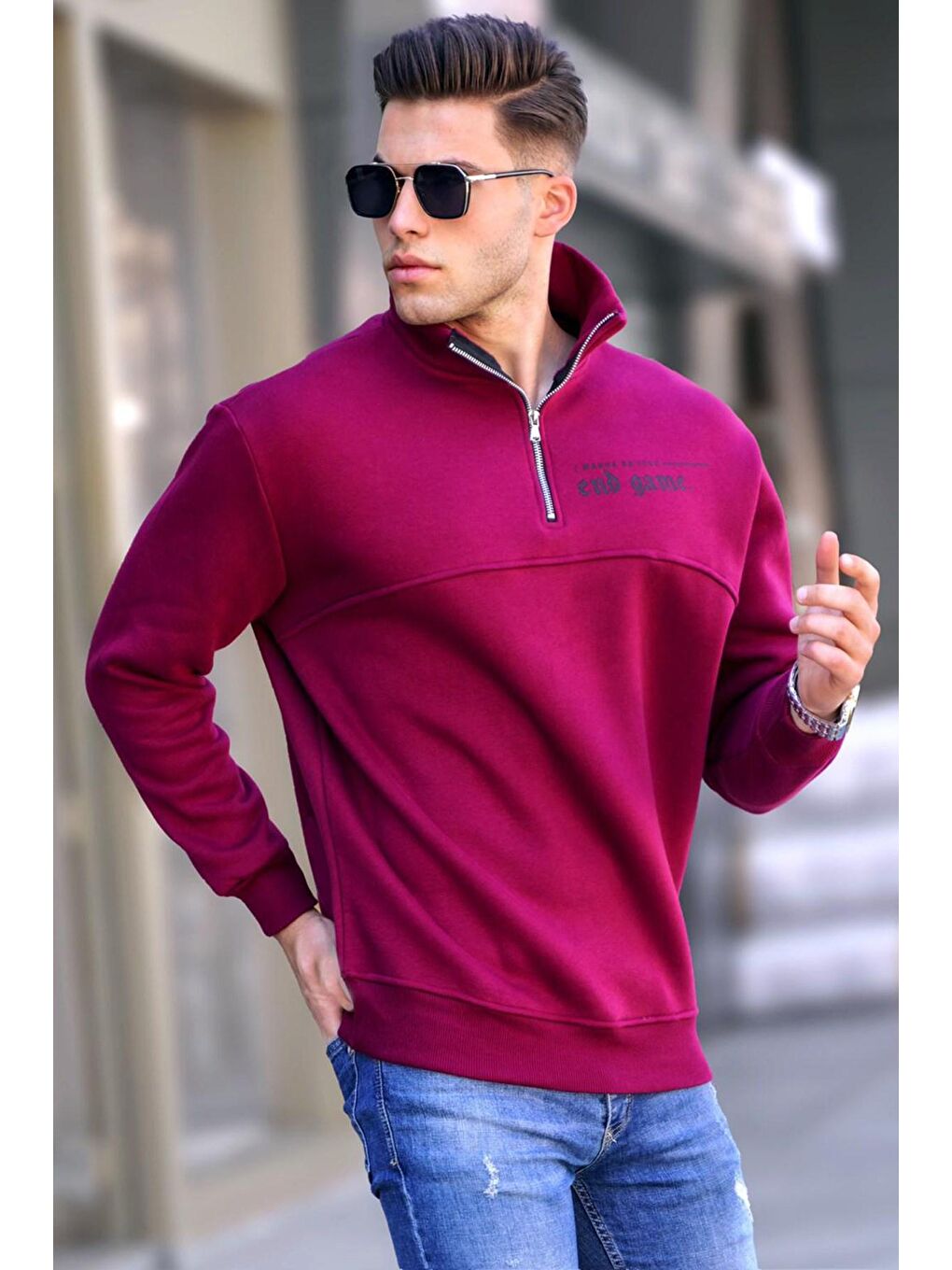 Bordo Baskılı Fermuarlı Sweatshirt 6001