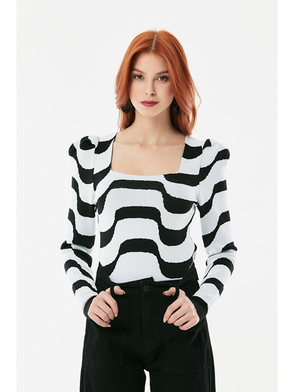 Beyaz Dalga Desenli Karpuz Kol Triko Bluz-1