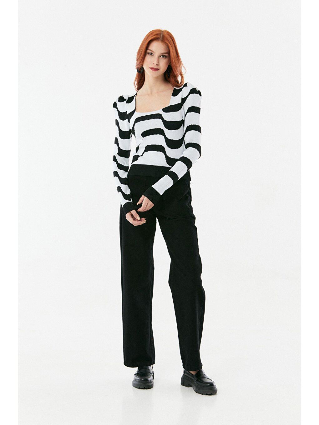 Beyaz Dalga Desenli Karpuz Kol Triko Bluz-2