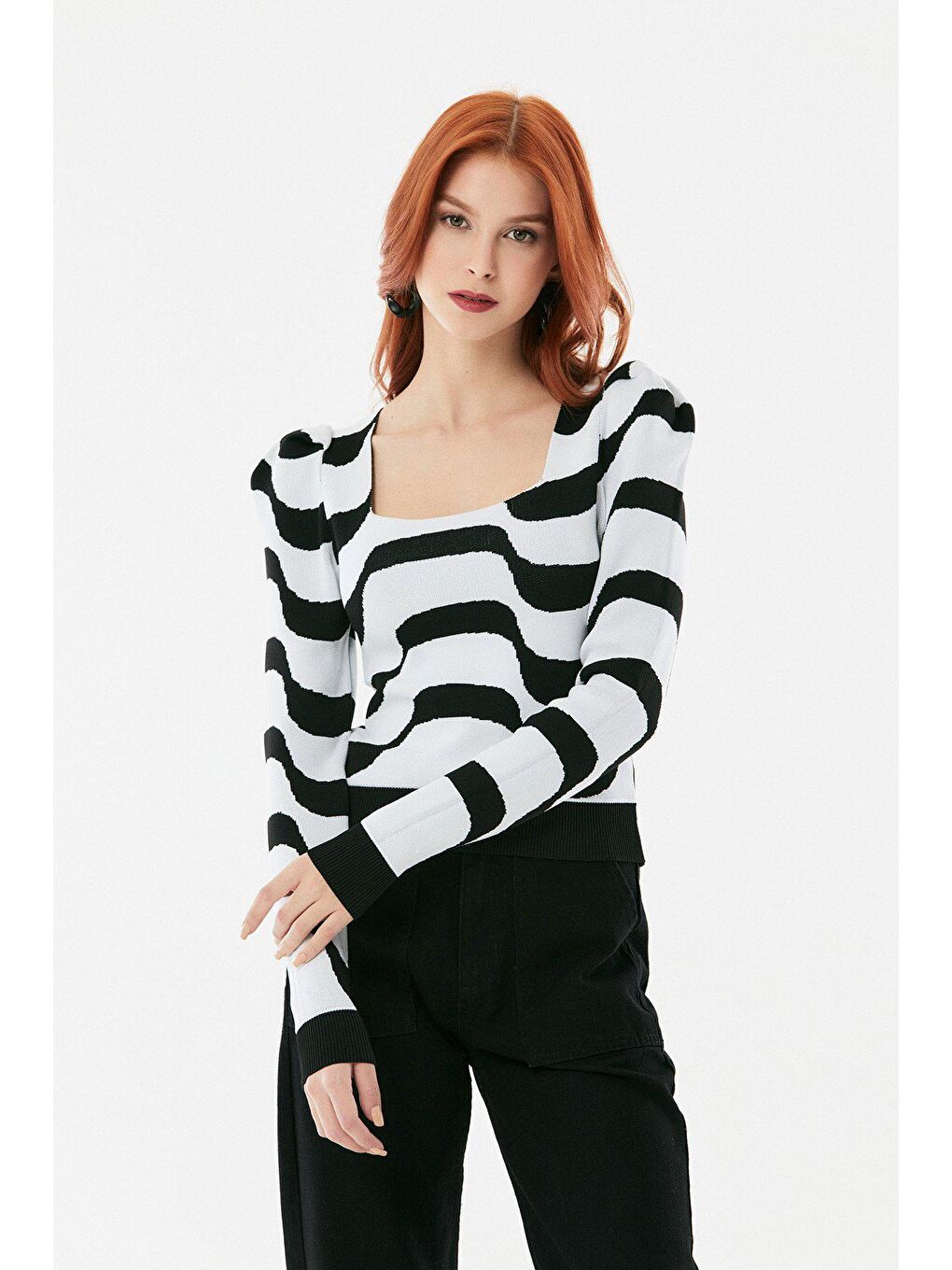 Beyaz Dalga Desenli Karpuz Kol Triko Bluz-3