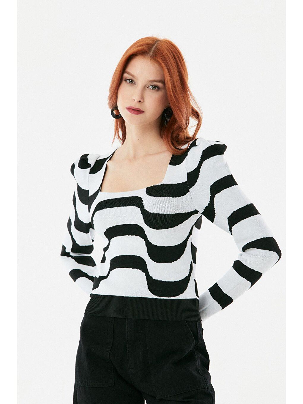 Beyaz Dalga Desenli Karpuz Kol Triko Bluz-4