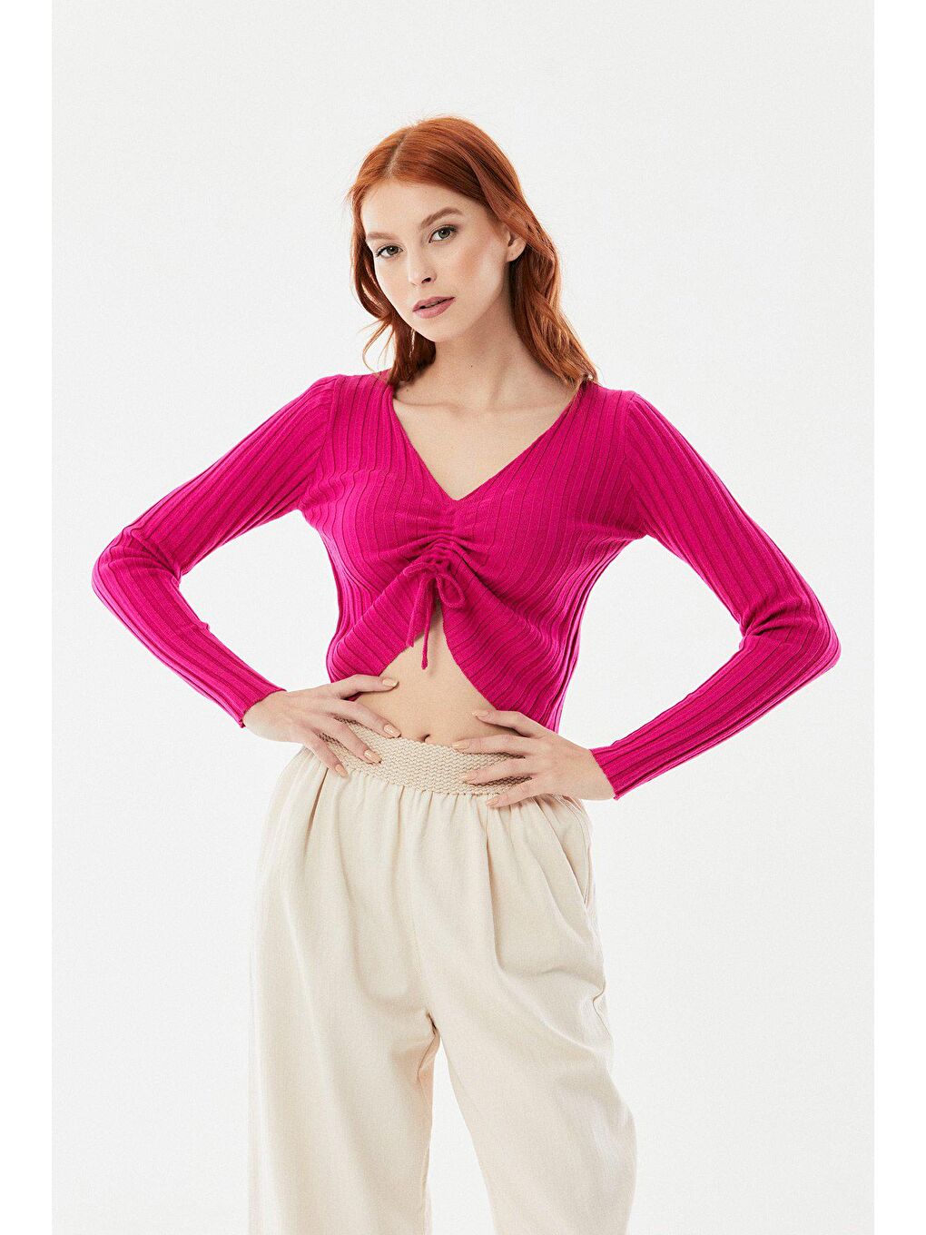 Fuşya Önü Büzgülü Fitilli Triko Bluz