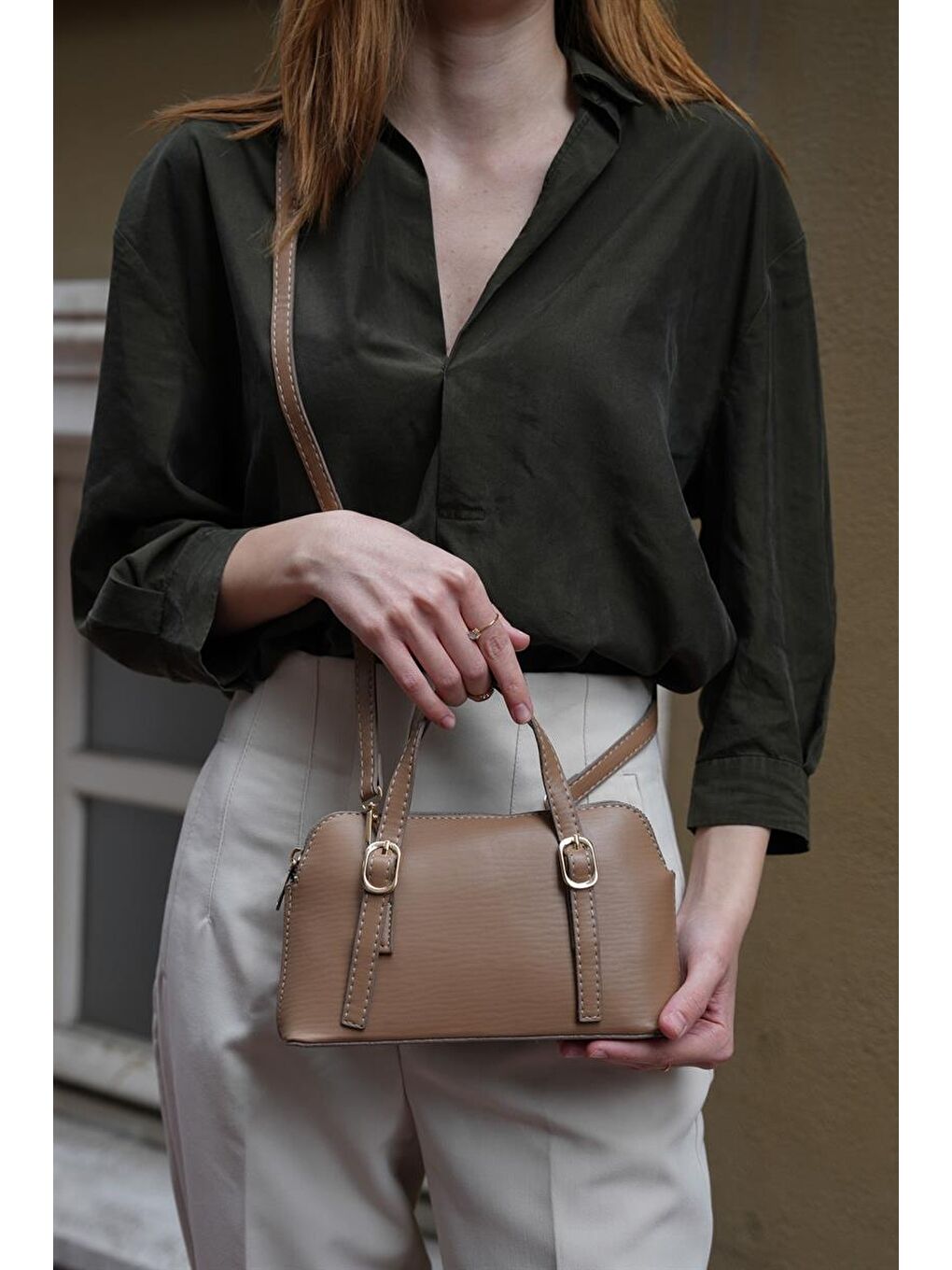 Bej Cosmos Çift Tokalı El Ve Çapraz Askılı Kadın Çanta - Koyu Vizon