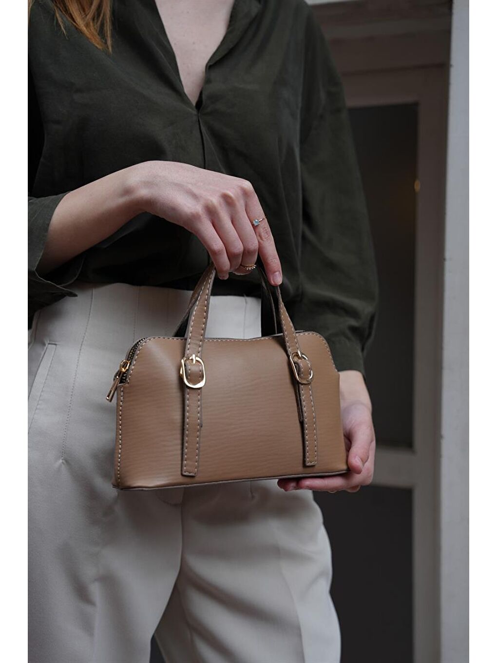 Bej Cosmos Çift Tokalı El Ve Çapraz Askılı Kadın Çanta - Koyu Vizon-1