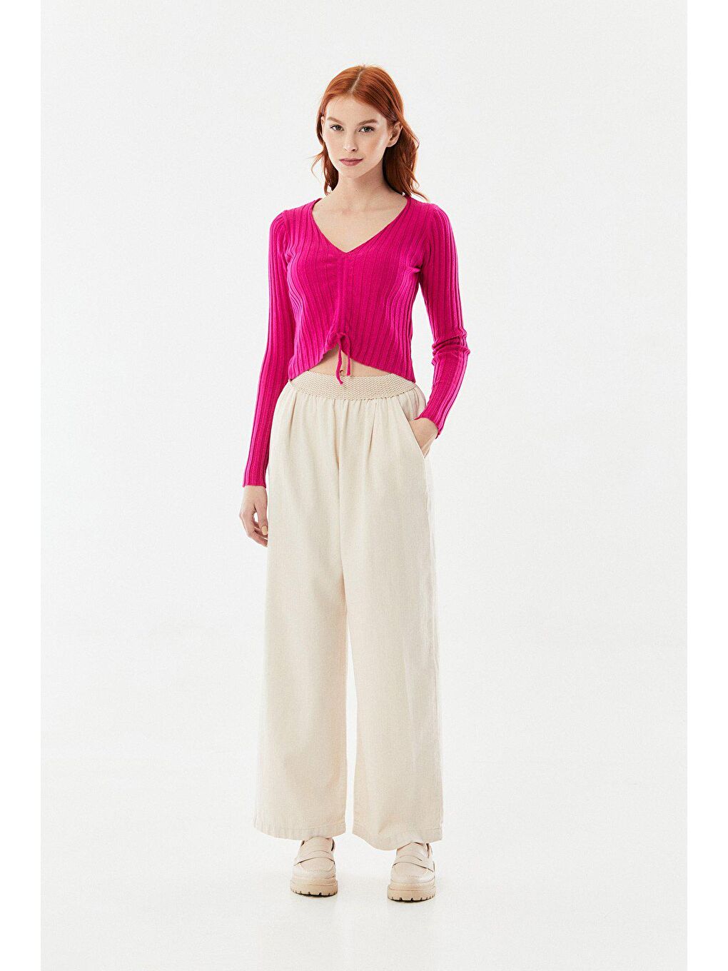 Fuşya Önü Büzgülü Fitilli Triko Bluz-1