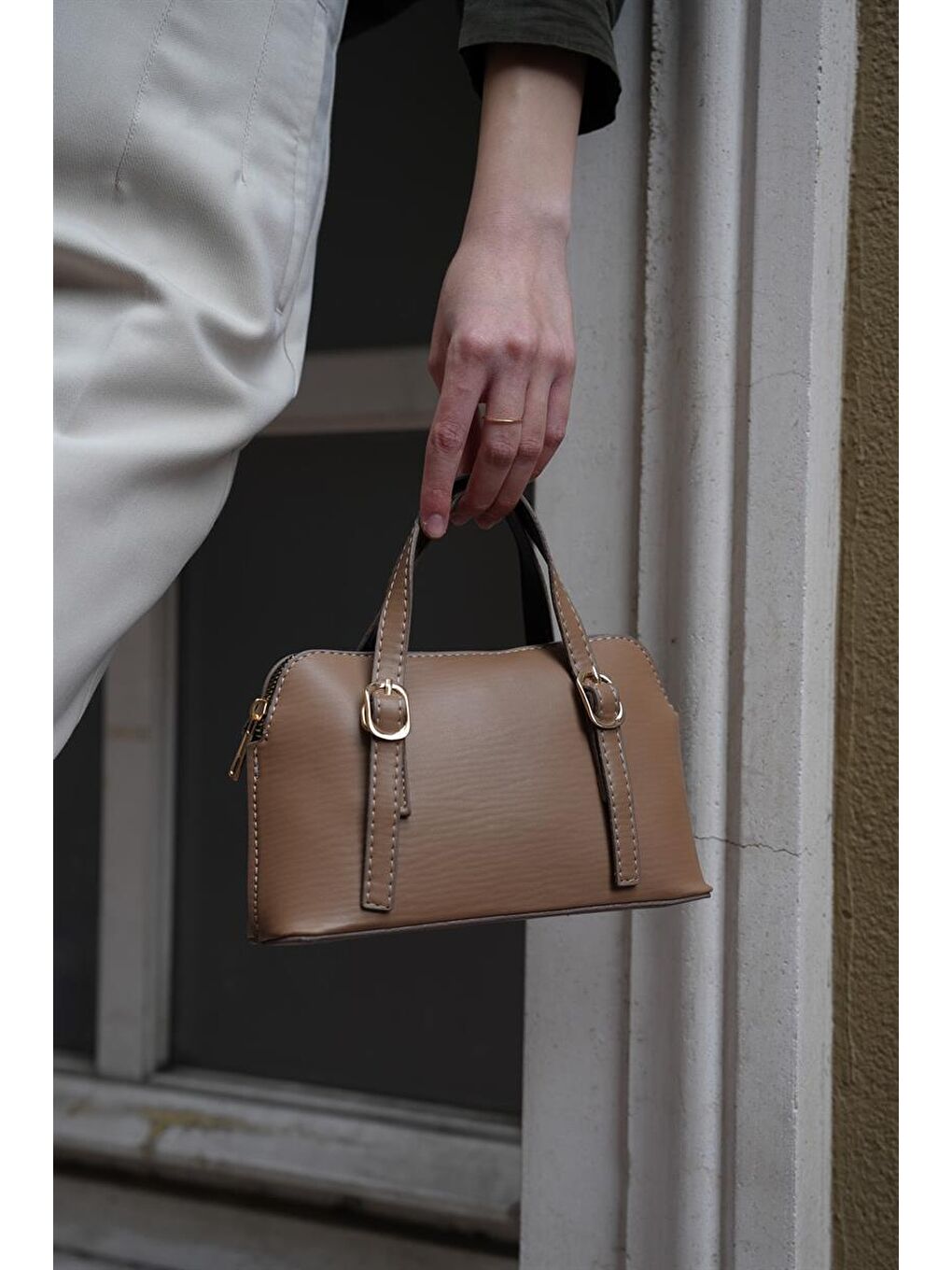 Bej Cosmos Çift Tokalı El Ve Çapraz Askılı Kadın Çanta - Koyu Vizon-2