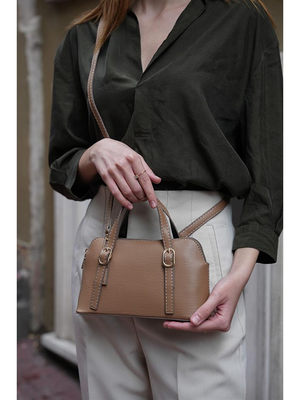 Bej Cosmos Çift Tokalı El Ve Çapraz Askılı Kadın Çanta - Koyu Vizon-3