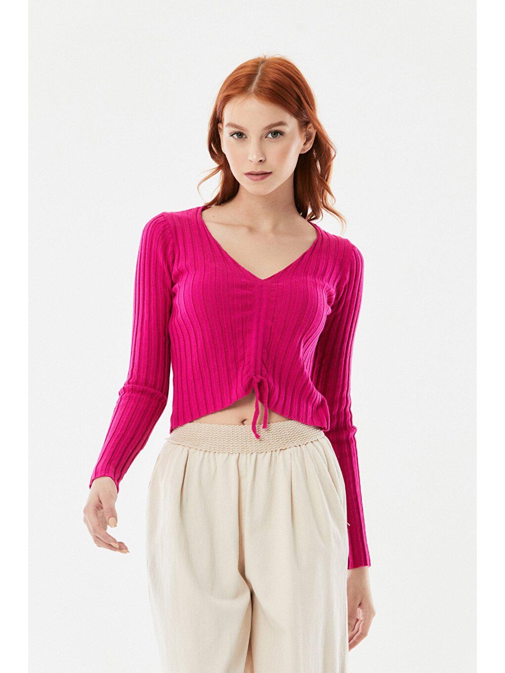 Fuşya Önü Büzgülü Fitilli Triko Bluz-2