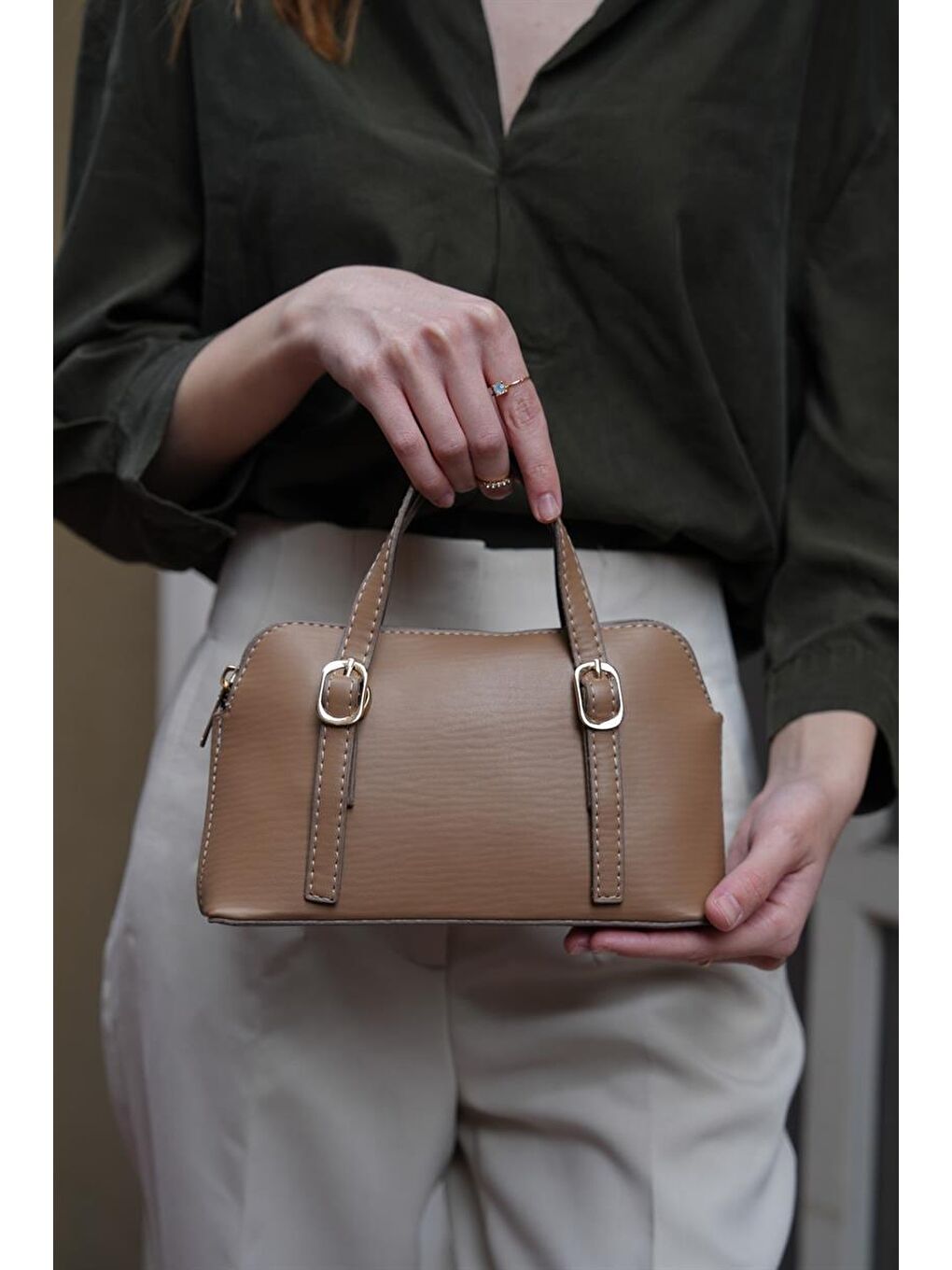 Bej Cosmos Çift Tokalı El Ve Çapraz Askılı Kadın Çanta - Koyu Vizon-4