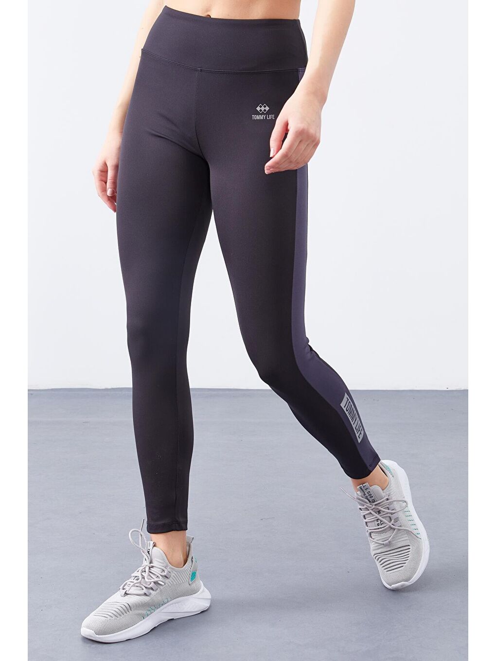 Siyah - Antrasit Yüksek Bel Baskılı Toparlayıcı Şerit Detaylı Dar Paça Kadın Tayt - 94540-1