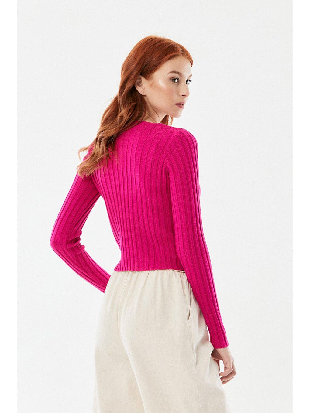 Fuşya Önü Büzgülü Fitilli Triko Bluz-3