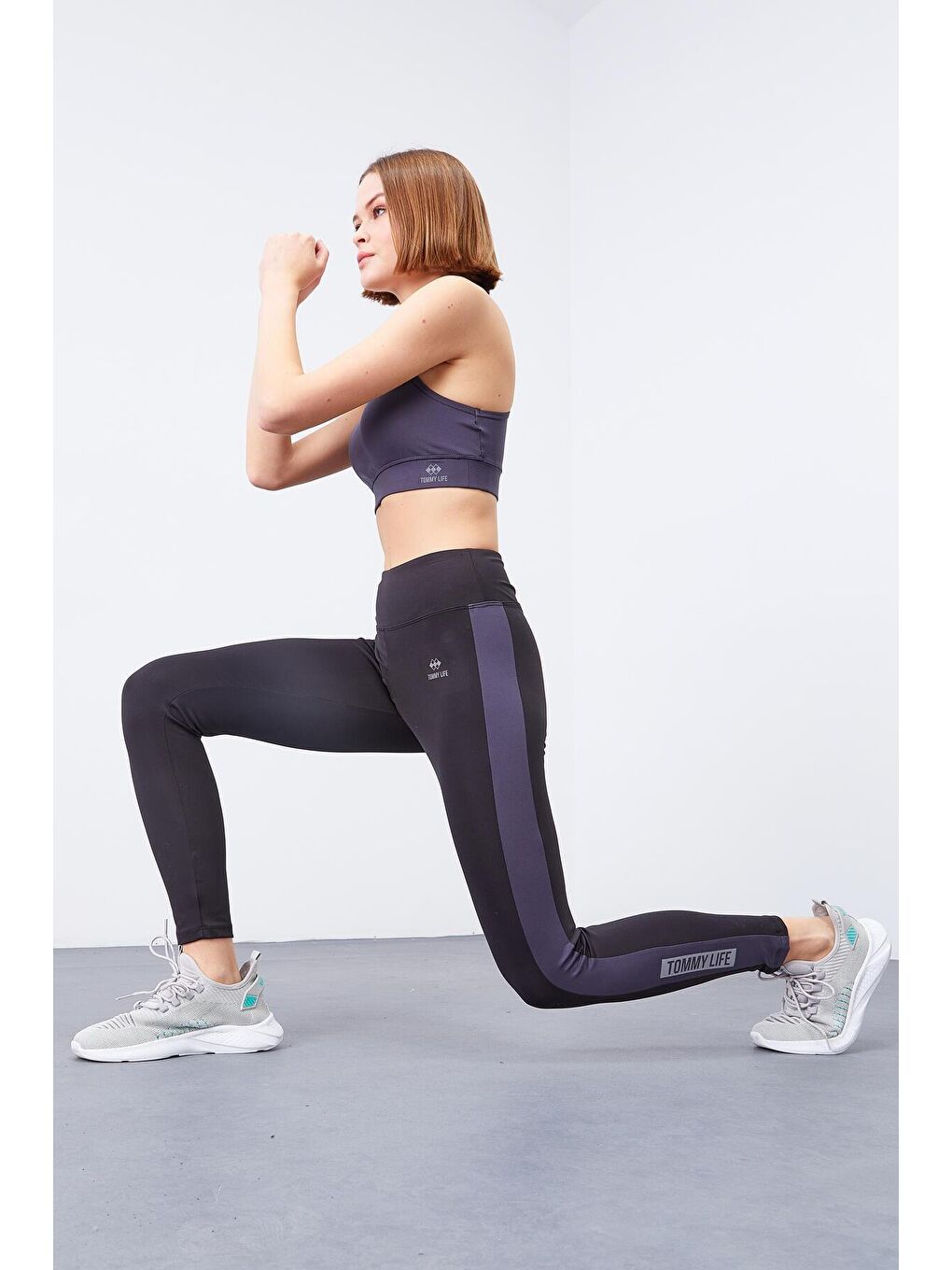 Siyah - Antrasit Yüksek Bel Baskılı Toparlayıcı Şerit Detaylı Dar Paça Kadın Tayt - 94540-2