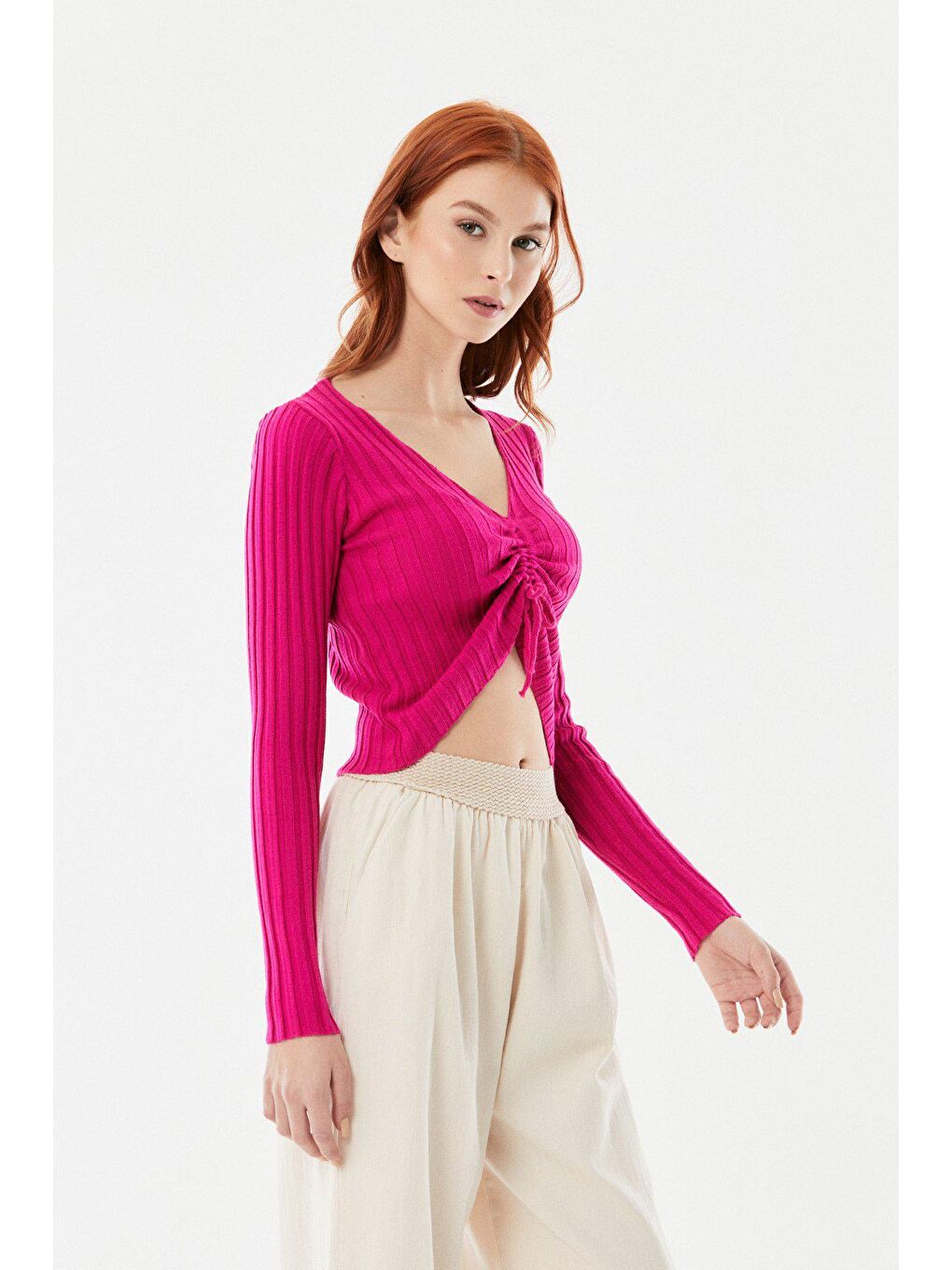 Fuşya Önü Büzgülü Fitilli Triko Bluz-4