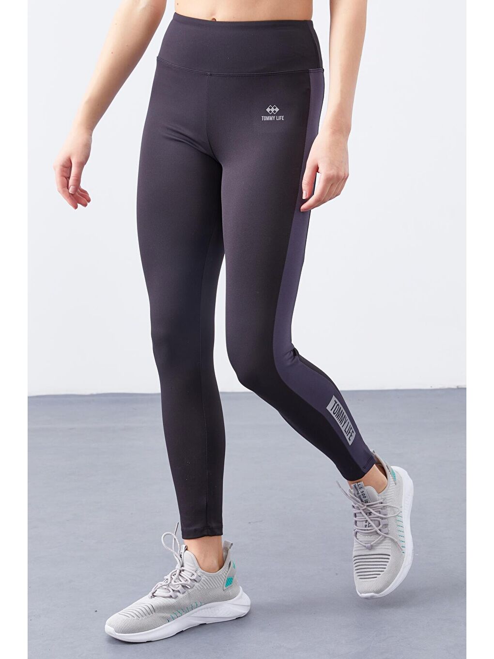 Siyah - Antrasit Yüksek Bel Baskılı Toparlayıcı Şerit Detaylı Dar Paça Kadın Tayt - 94540-3