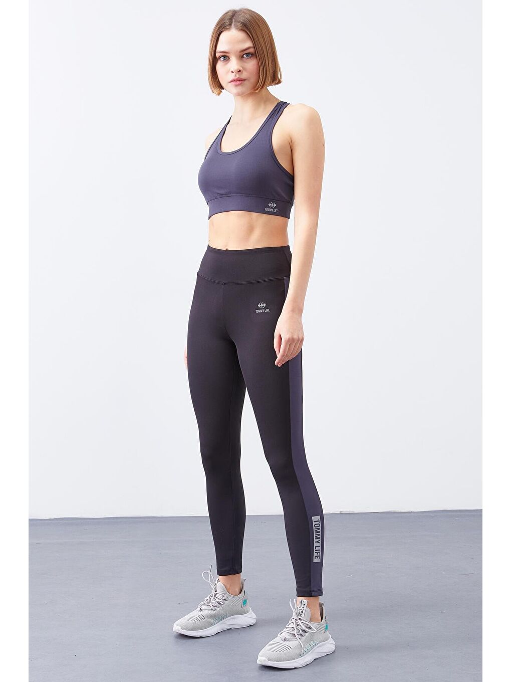 Siyah - Antrasit Yüksek Bel Baskılı Toparlayıcı Şerit Detaylı Dar Paça Kadın Tayt - 94540-4