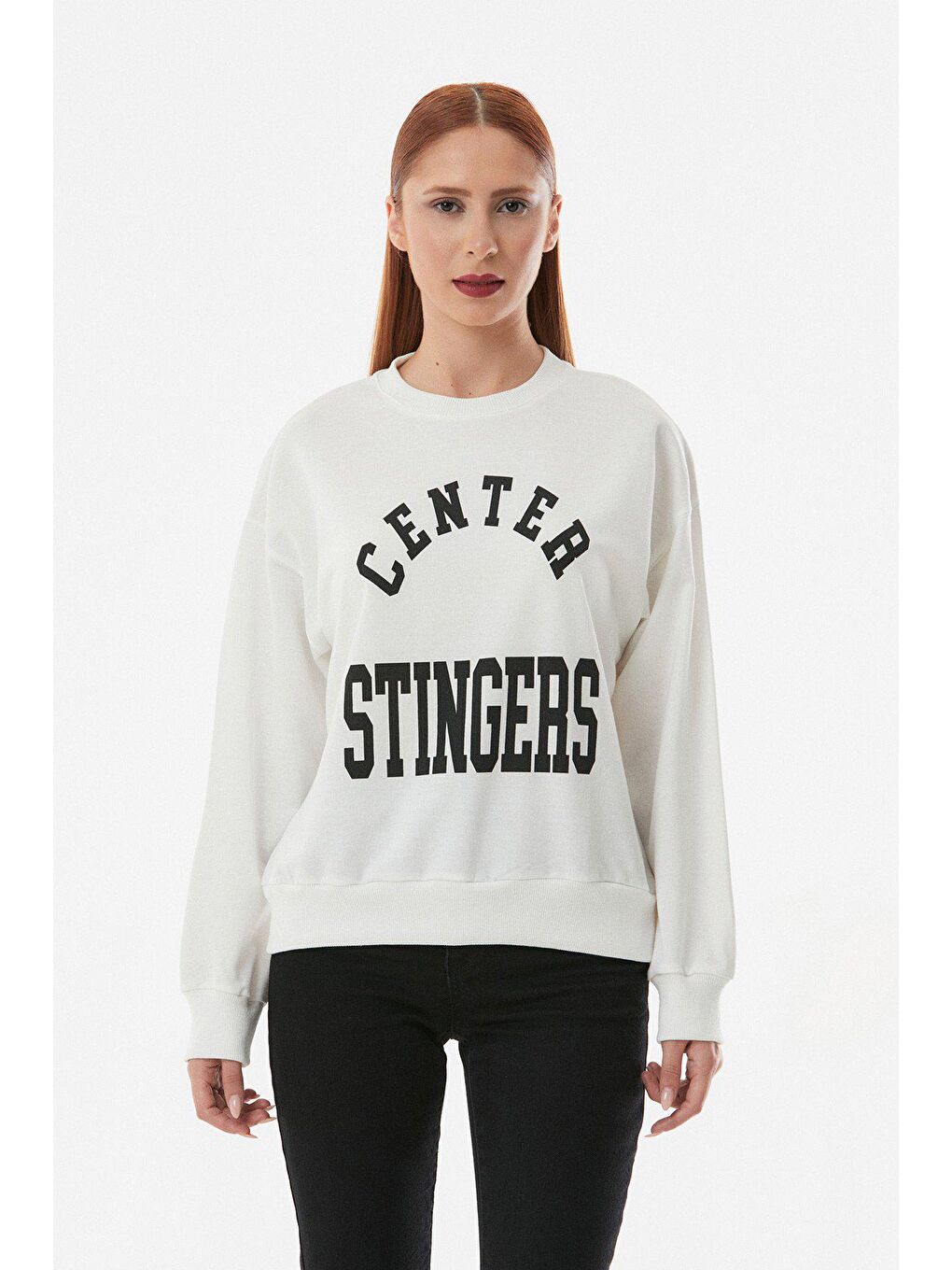 Ekru Yazılı Bisiklet Yaka Sweatshirt