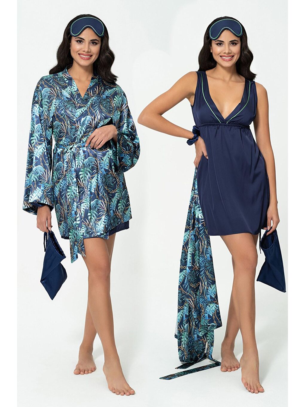 5'li Lacivert Saten Sabahlık Gecelik Takımı