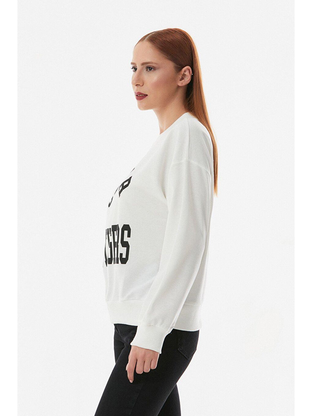 Ekru Yazılı Bisiklet Yaka Sweatshirt-1