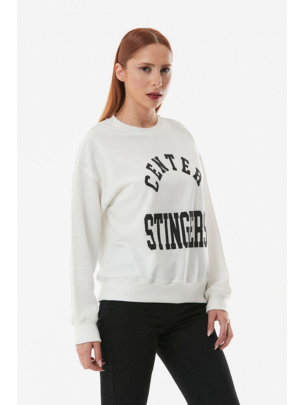 Ekru Yazılı Bisiklet Yaka Sweatshirt-2