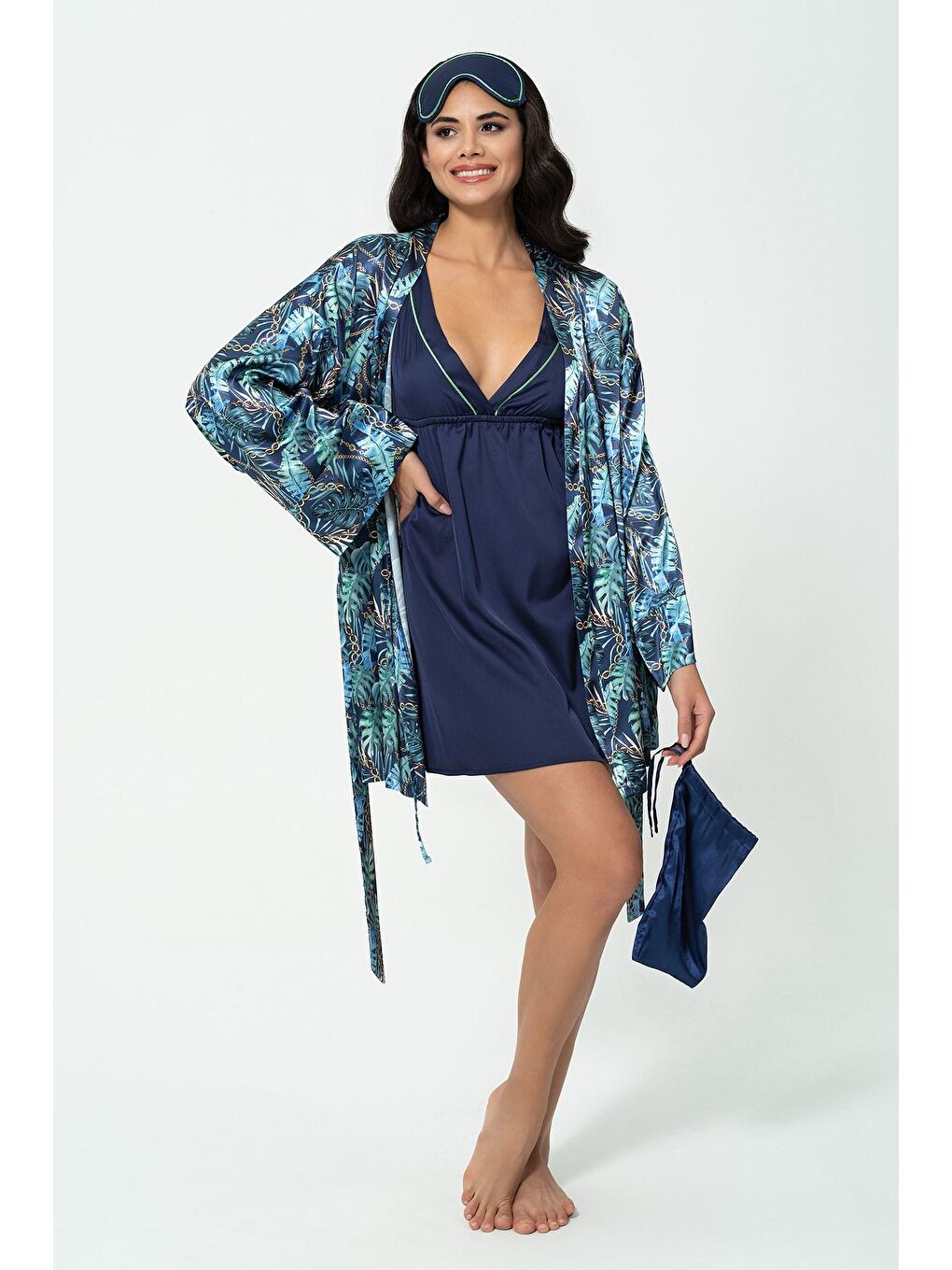 5'li Lacivert Saten Sabahlık Gecelik Takımı-1