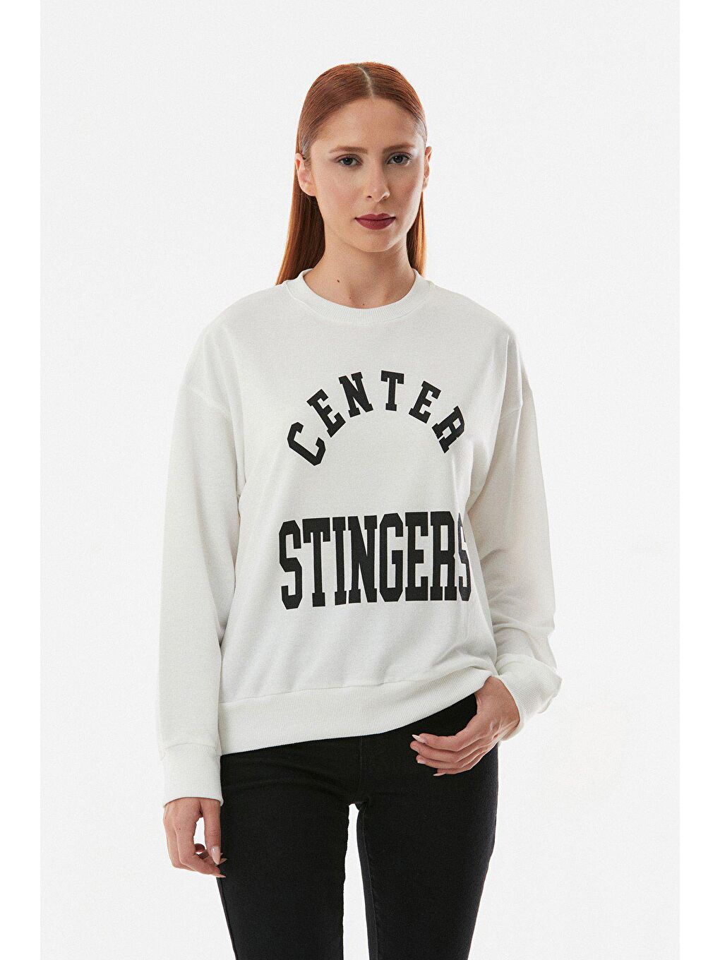 Ekru Yazılı Bisiklet Yaka Sweatshirt-3