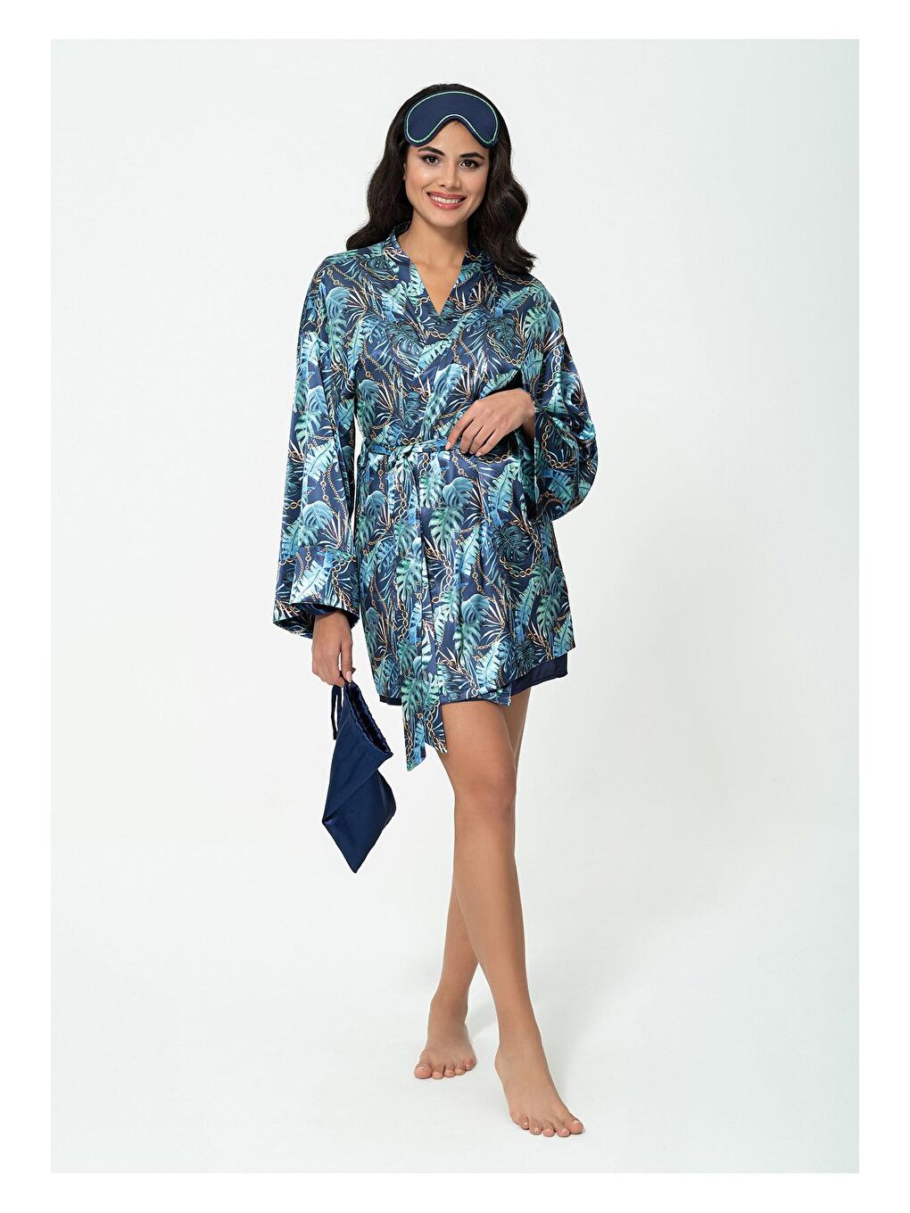 5'li Lacivert Saten Sabahlık Gecelik Takımı-2