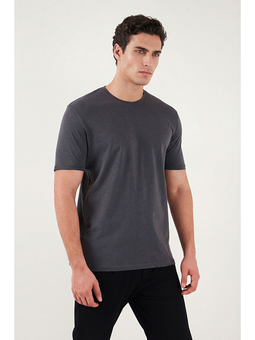 Antrasit Bisiklet Yaka %100 Pamuk Slim Fit Basic Tişört 59020001-5