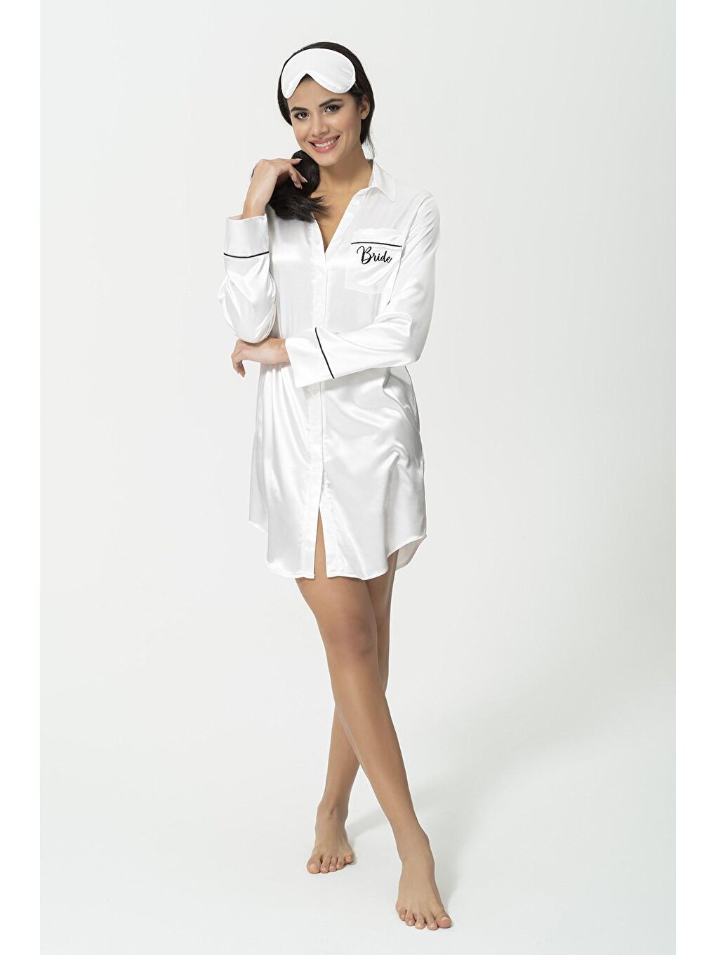 Ekru 4'lü Cep Bride Nakış Uzun Saten Gömlek Takım-4