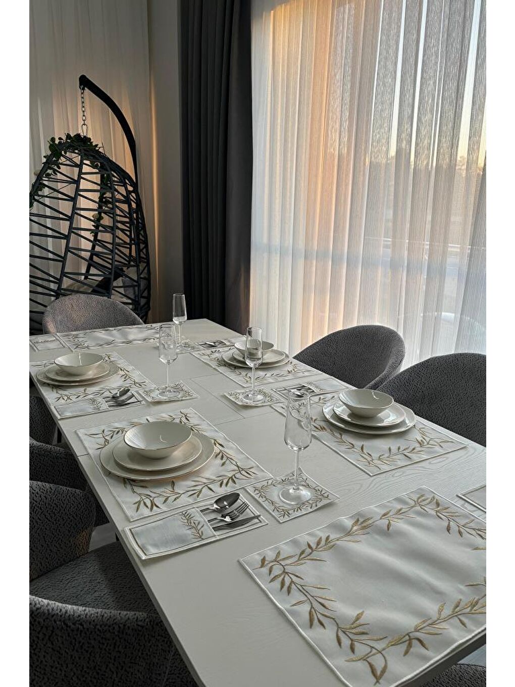 Sarı Nazlım Keten Nakışlı Amerikan Servis Takımı 19 Parça Gold