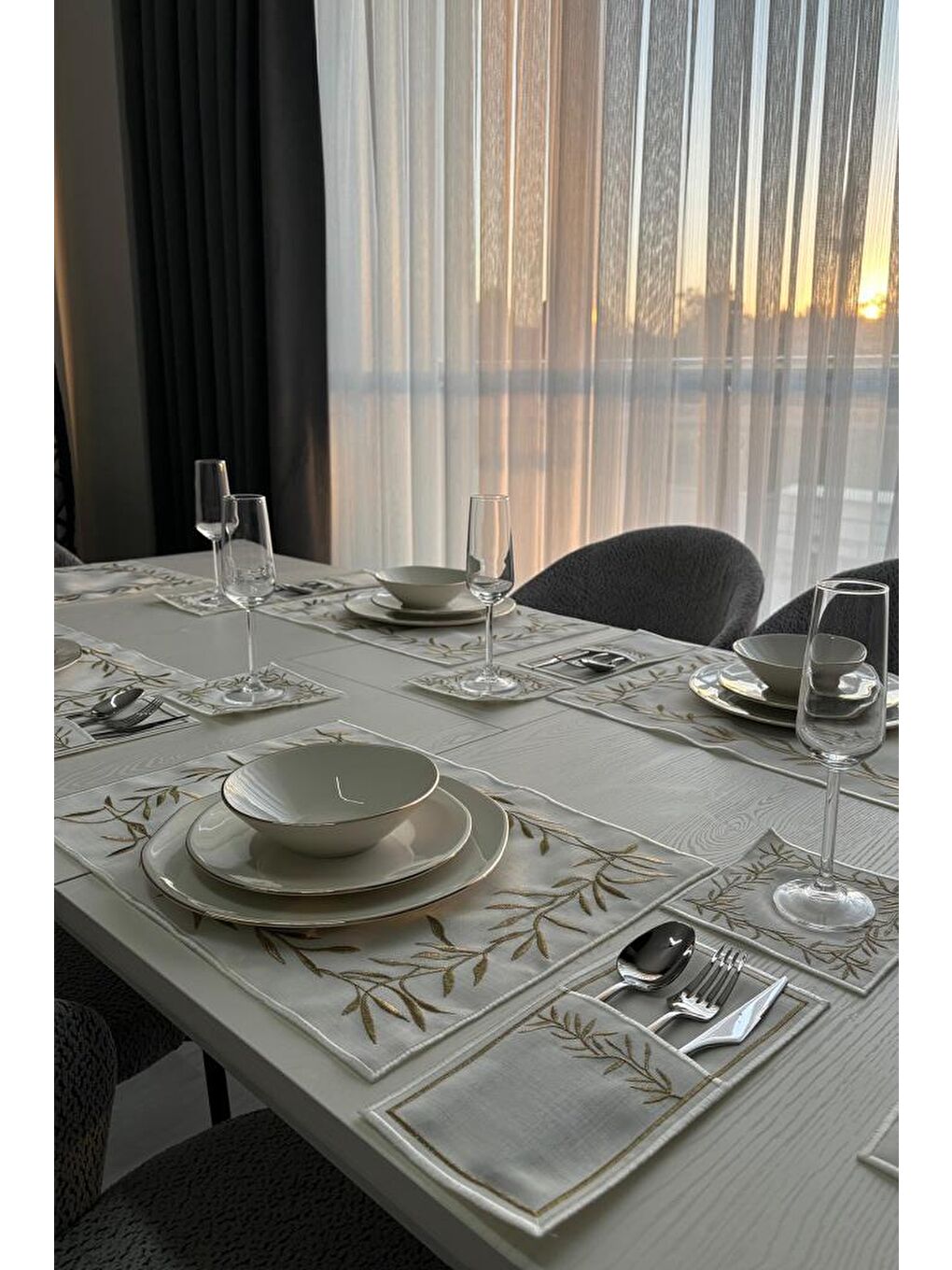 Sarı Nazlım Keten Nakışlı Amerikan Servis Takımı 19 Parça Gold-3