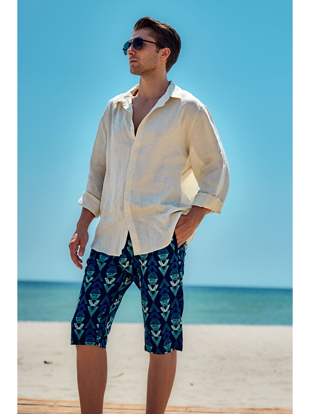 Erkek Havuz Deniz Uzun Kapri Şort Mayo RK009 Lacivert