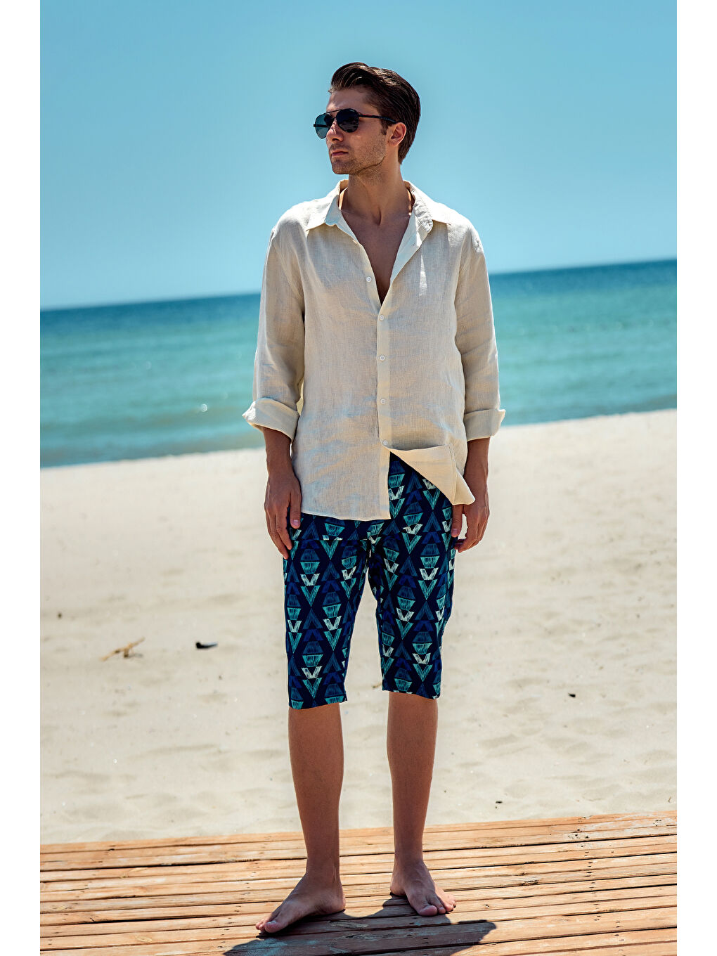 Erkek Havuz Deniz Uzun Kapri Şort Mayo RK009 Lacivert-1