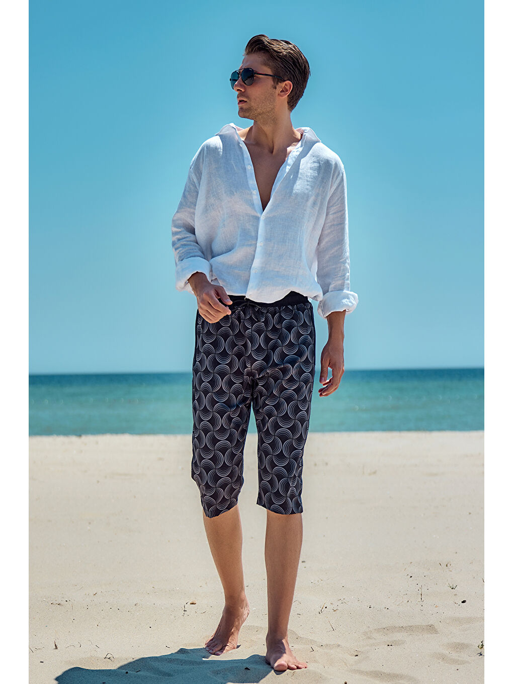 Siyah Erkek Havuz Deniz Uzun Kapri Şort Mayo RK008 Gri-1