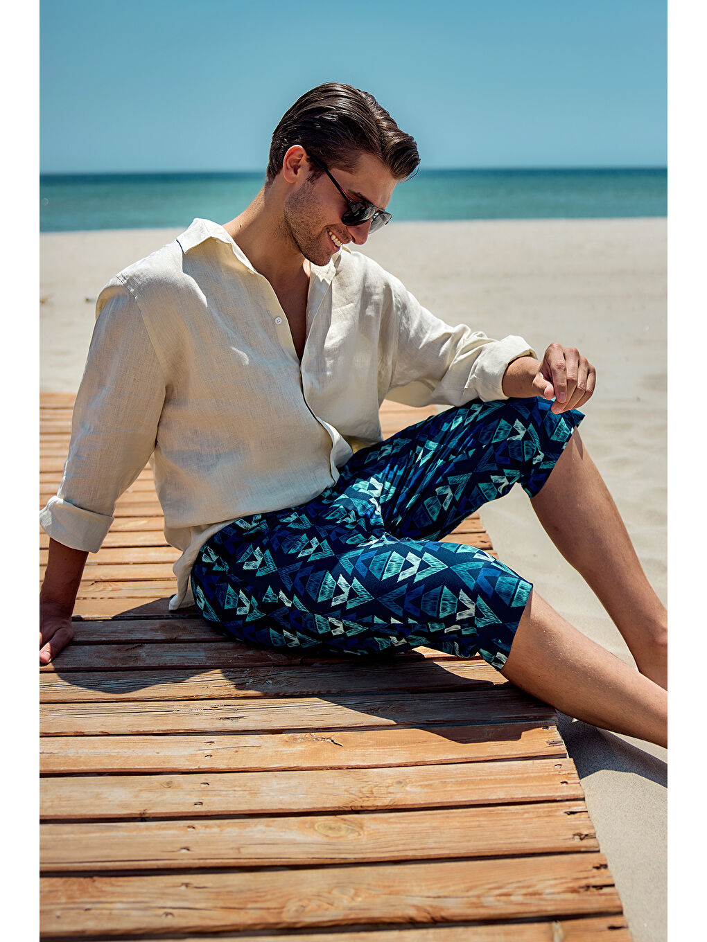 Erkek Havuz Deniz Uzun Kapri Şort Mayo RK009 Lacivert-2