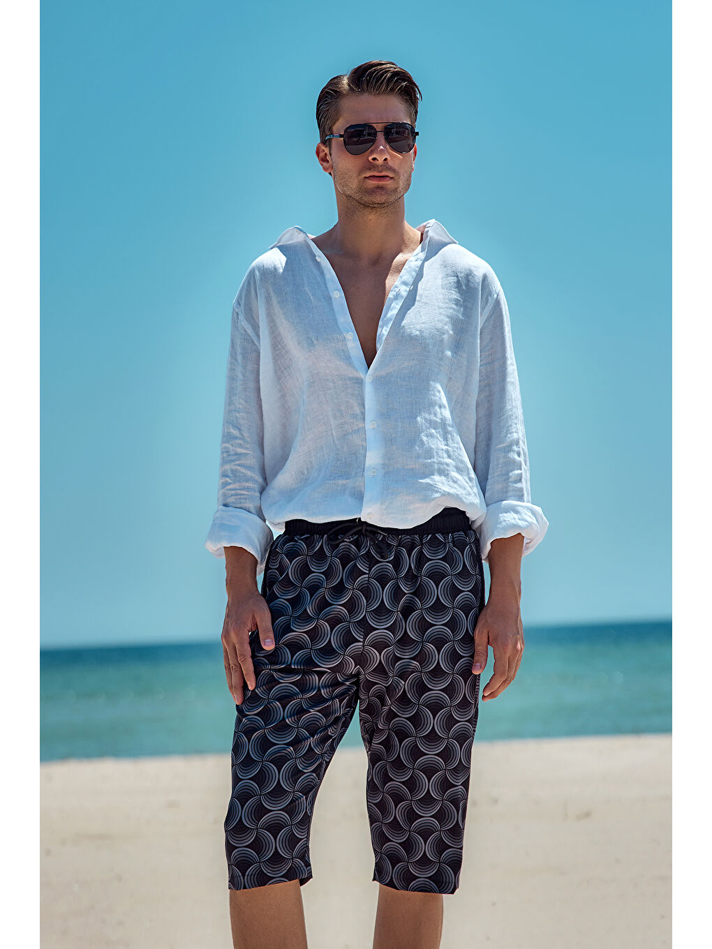 Siyah Erkek Havuz Deniz Uzun Kapri Şort Mayo RK008 Gri-2