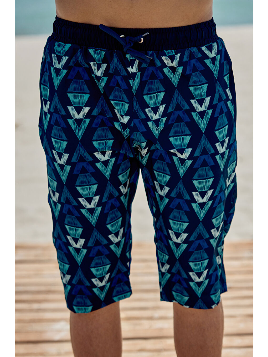 Erkek Havuz Deniz Uzun Kapri Şort Mayo RK009 Lacivert-3