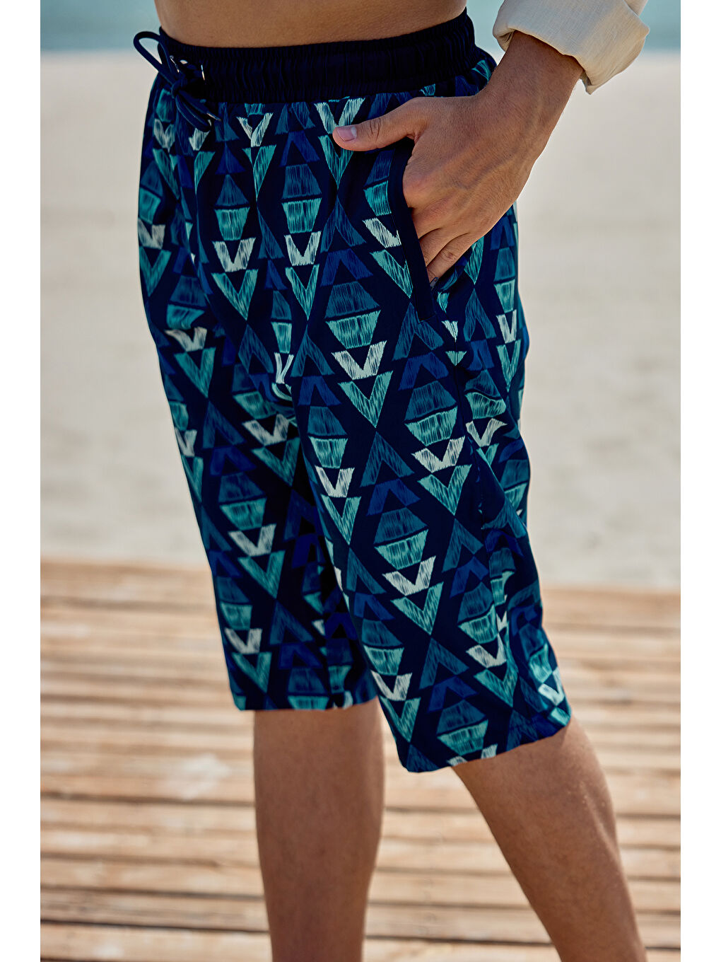 Erkek Havuz Deniz Uzun Kapri Şort Mayo RK009 Lacivert-4