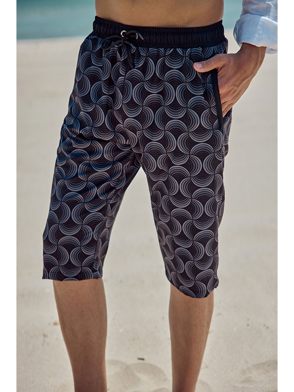 Siyah Erkek Havuz Deniz Uzun Kapri Şort Mayo RK008 Gri-4