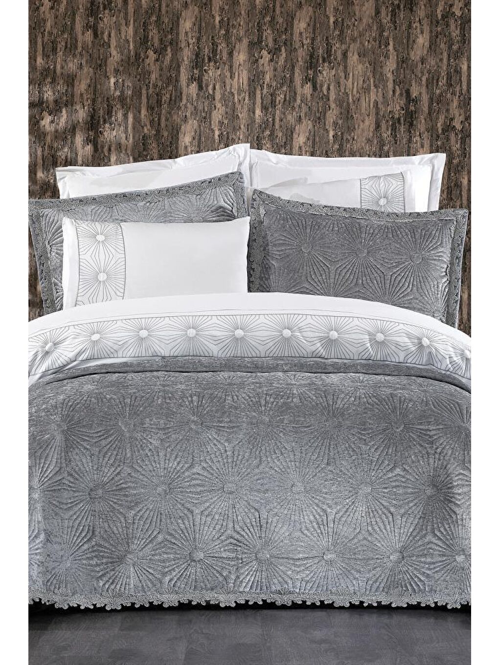 Blenda Lüx Nakışlı Çeyiz Paketi 9 Parça Gri