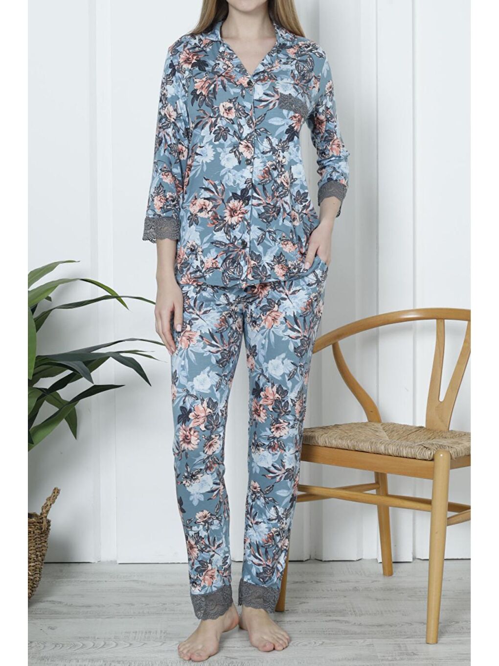 Mavi Kadın Pijama Takımı Cepli Düğmeli Elastanlı Dantelli MAVİ