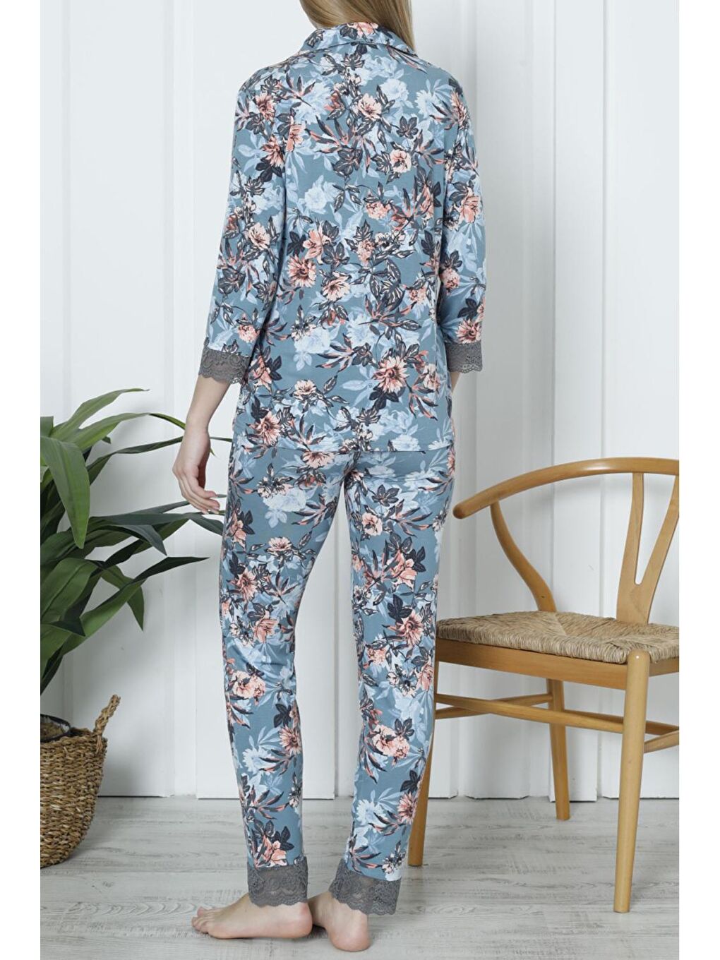 Mavi Kadın Pijama Takımı Cepli Düğmeli Elastanlı Dantelli MAVİ-2